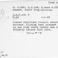 Index card with typed and handwritten information, sometimes including a sketch, of pottery from an excavation.