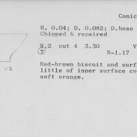 Index card with typed and handwritten information, sometimes including a sketch, of pottery from an excavation.