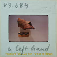 Fragment of terracotta hand on white background.