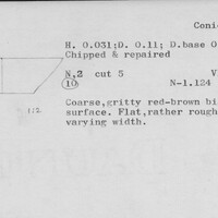 Index card with typed and handwritten information, sometimes including a sketch, of pottery from an excavation.