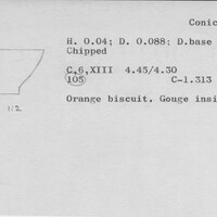 Index card with typed and handwritten information, sometimes including a sketch, of pottery from an excavation.