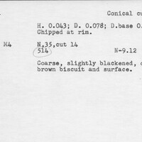 Index card with typed and handwritten information, sometimes including a sketch, of pottery from an excavation.