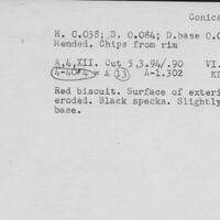 Index card with typed and handwritten information, sometimes including a sketch, of pottery from an excavation.