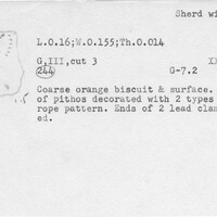 Index card with typed and handwritten information, sometimes including a sketch, of pottery from an excavation.