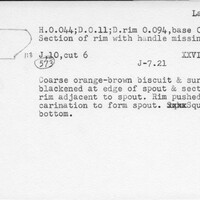Index card with typed and handwritten information, sometimes including a sketch, of pottery from an excavation.