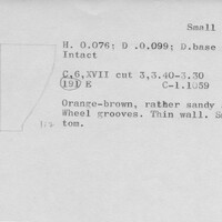 Index card with typed and handwritten information, sometimes including a sketch, of pottery from an excavation.