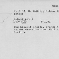 Index card with typed and handwritten information, sometimes including a sketch, of pottery from an excavation.