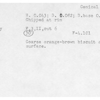 Index card with typed and handwritten information, sometimes including a sketch, of pottery from an excavation.