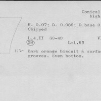 Index card with typed and handwritten information, sometimes including a sketch, of pottery from an excavation.