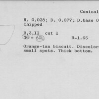 Index card with typed and handwritten information, sometimes including a sketch, of pottery from an excavation.