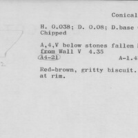 Index card with typed and handwritten information, sometimes including a sketch, of pottery from an excavation.