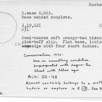 Index card with typed and handwritten information, sometimes including a sketch, of pottery from an excavation.