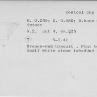 Index card with typed and handwritten information, sometimes including a sketch, of pottery from an excavation.