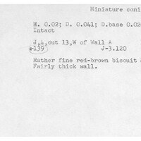 Index card with typed and handwritten information, sometimes including a sketch, of pottery from an excavation.