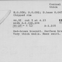 Index card with typed and handwritten information, sometimes including a sketch, of pottery from an excavation.
