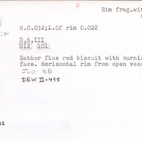 Index card with typed and handwritten information, sometimes including a sketch, of pottery from an excavation.