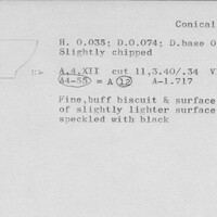 Index card with typed and handwritten information, sometimes including a sketch, of pottery from an excavation.