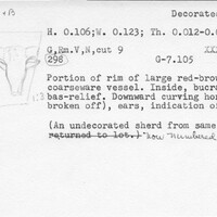Index card with typed and handwritten information, sometimes including a sketch, of pottery from an excavation.