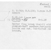 Index card with typed and handwritten information, sometimes including a sketch, of pottery from an excavation.
