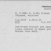 Index card with typed and handwritten information, sometimes including a sketch, of pottery from an excavation.