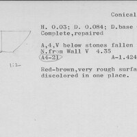 Index card with typed and handwritten information, sometimes including a sketch, of pottery from an excavation.