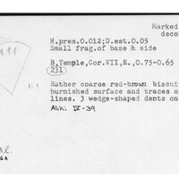 Index card with typed and handwritten information, sometimes including a sketch, of pottery from an excavation.