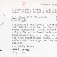 Index card with typed and handwritten information, sometimes including a sketch, of pottery from an excavation.