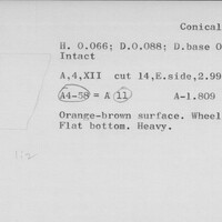 Index card with typed and handwritten information, sometimes including a sketch, of pottery from an excavation.