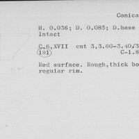 Index card with typed and handwritten information, sometimes including a sketch, of pottery from an excavation.