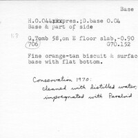 Index card with typed and handwritten information, sometimes including a sketch, of pottery from an excavation.