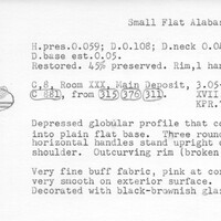 Index card with typed and handwritten information, sometimes including a sketch, of pottery from an excavation.