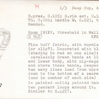 Index card with typed and handwritten information, sometimes including a sketch, of pottery from an excavation.