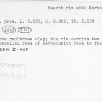 Index card with typed and handwritten information, sometimes including a sketch, of pottery from an excavation.