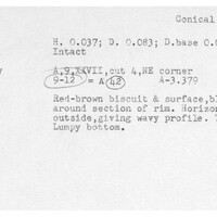 Index card with typed and handwritten information, sometimes including a sketch, of pottery from an excavation.
