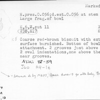 Index card with typed and handwritten information, sometimes including a sketch, of pottery from an excavation.