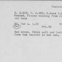 Index card with typed and handwritten information, sometimes including a sketch, of pottery from an excavation.