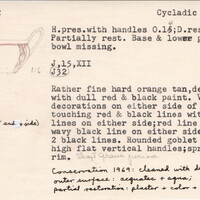 Index card with typed and handwritten information, sometimes including a sketch, of pottery from an excavation.