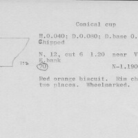 Index card with typed and handwritten information, sometimes including a sketch, of pottery from an excavation.
