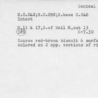 Index card with typed and handwritten information, sometimes including a sketch, of pottery from an excavation.