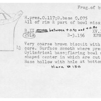 Index card with typed and handwritten information, sometimes including a sketch, of pottery from an excavation.