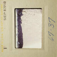 "A vintage photo in a frame, showing a close-up of a surface with dirt and debris."