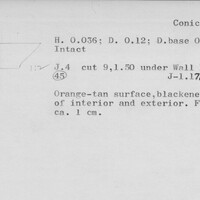 Index card with typed and handwritten information, sometimes including a sketch, of pottery from an excavation.