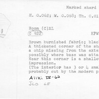 Index card with typed and handwritten information, sometimes including a sketch, of pottery from an excavation.