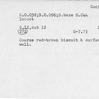 Index card with typed and handwritten information, sometimes including a sketch, of pottery from an excavation.