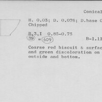 Index card with typed and handwritten information, sometimes including a sketch, of pottery from an excavation.