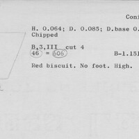 Index card with typed and handwritten information, sometimes including a sketch, of pottery from an excavation.