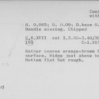 Index card with typed and handwritten information, sometimes including a sketch, of pottery from an excavation.