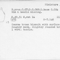 Index card with typed and handwritten information, sometimes including a sketch, of pottery from an excavation.