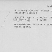 Index card with typed and handwritten information, sometimes including a sketch, of pottery from an excavation.