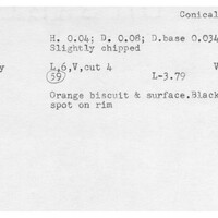 Index card with typed and handwritten information, sometimes including a sketch, of pottery from an excavation.